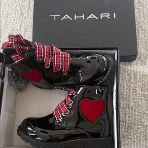 Tahari Kids Glossy Black Boots with Red Heart